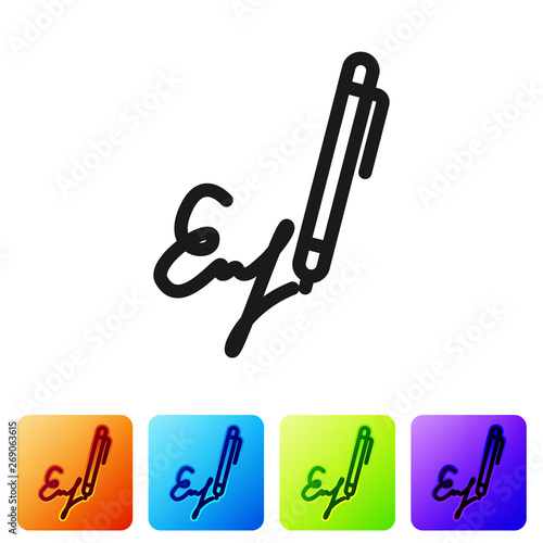 Black Signature line icon isolated on white background. Pen and undersign, underwrite, ratify symbol. Set icon in color square buttons. Vector Illustration