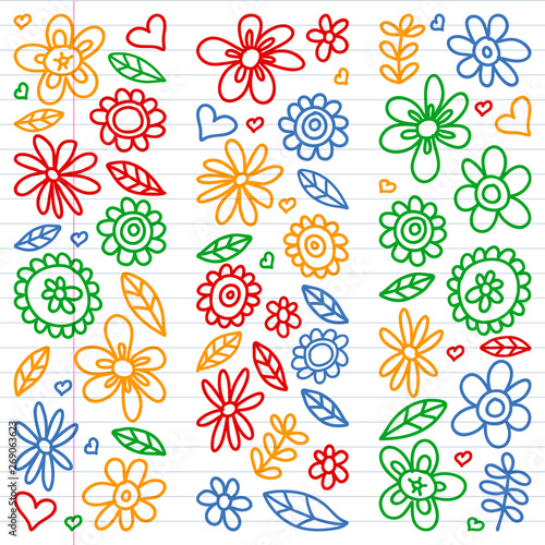 Vector set of child drawing flowers icons in doodle style. Painted, colorful, pictures on a piece of linear paper on white background.