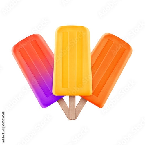 Summer Popsicles  Three colorful ice lollies  realistic illustration isolated on white background