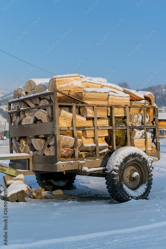 Obraz premium Cart, trailer, wagon for transportation of firewood is for sale in the countryside in the snow in winter