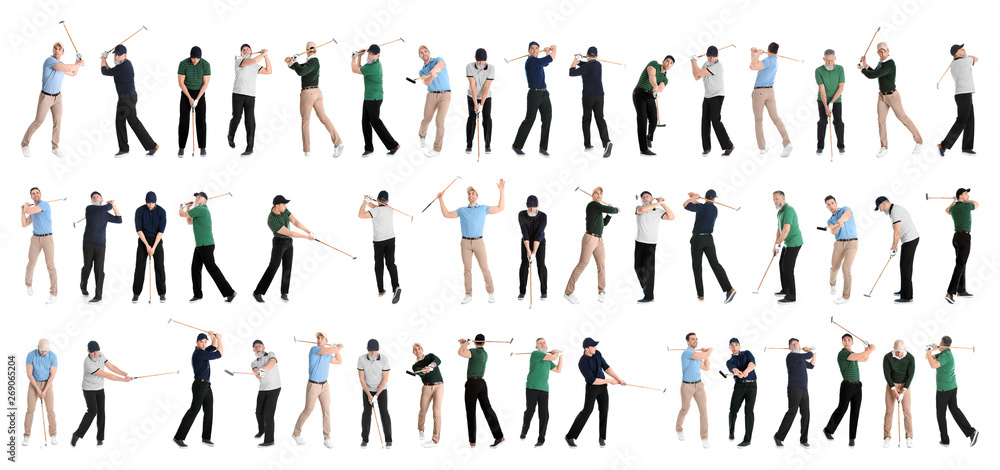 Collage of men playing golf on white background