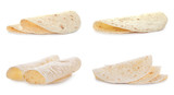 Set of delicious tortillas on white background. Unleavened bread