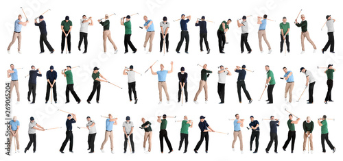 Collage of men playing golf on white background