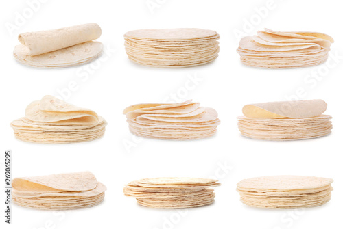 Set of delicious tortillas on white background. Unleavened bread photo