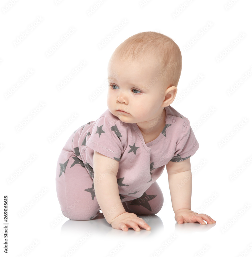 Cute little baby crawling on white background Cute little baby crawling on white background