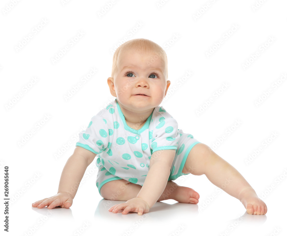 Cute little baby crawling on white background Cute little baby crawling on white background