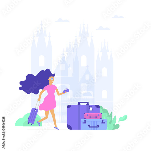 Young lady with map, bag and baggage. Travel and tourism concept for website template, online booking reservation
