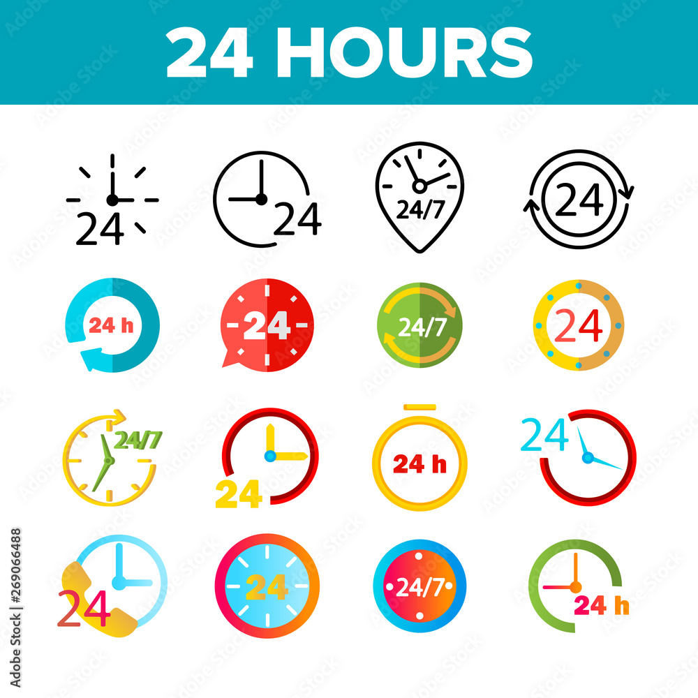 24 Hours, Clock, Time Vector Color Icons Set. 24 Hours Customer Service,  Online Support Linear Symbols Pack. Convenience Store Logo. All Day Open  Shop, Call Center Isolated Flat Illustrations Stock Vector | Adobe Stock