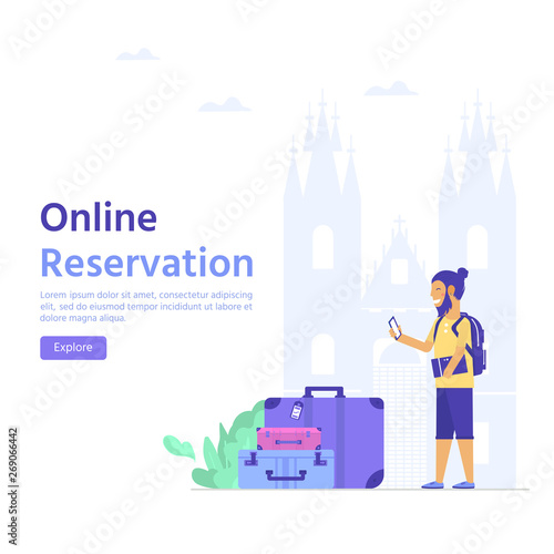Young man with mobile phone, bag and baggage. Travel and tourism concept for website template, online booking