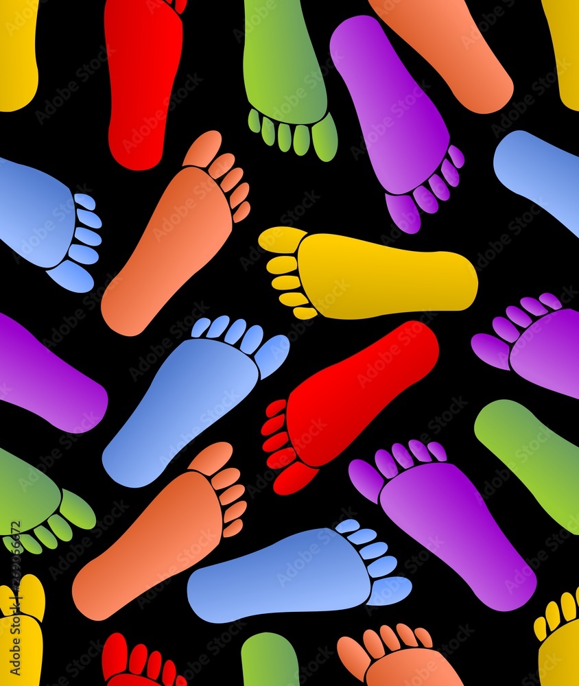 Fototapeta premium Multicolored footprints on black background, human traces in red, green, orange, purple and yellow colors, seamless background, fabric patterns, textile ornament, vector design