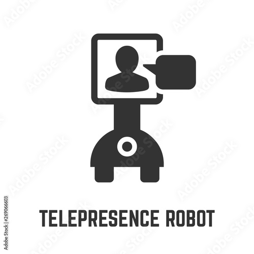 Telepresence robot icon with physical presence bot with screen on a moving base technology symbol.