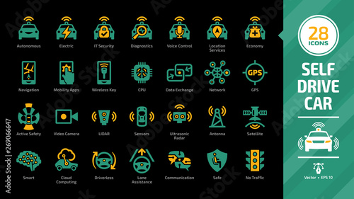 Autonomous car icon set on a black background with driverless self drive sensor smart vehicle, cloud computing automated connected transport and wireless system color glyph mobility sign.