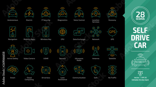 Autonomous car outline icon set on a black background with driverless self drive sensor smart vehicle, automated connected transport and intelligence system color editable stroke mobility sign.