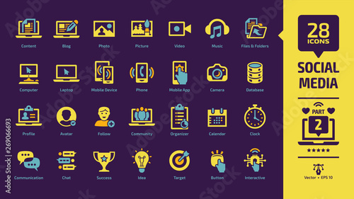 Social media network yellow icon set part 2 on a violet background with global internet digital technology, computer, laptop and mobile device, web blog and content glyph sign.