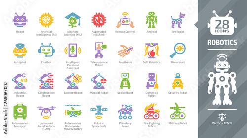 Robotics color icon set with robot industry technology, artificial intelligence, machine learning, automated and remote control, smart chip, autopilot and android glyph symbols.