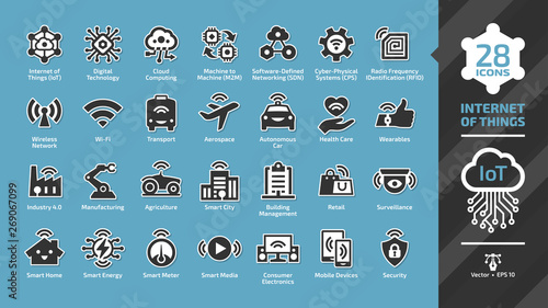 Internet of things icon set on a blue background with wireless network digital IoT technology, smart sensor car, autonomous transport, wearable, agriculture, industry 4.0 future glyph sign.