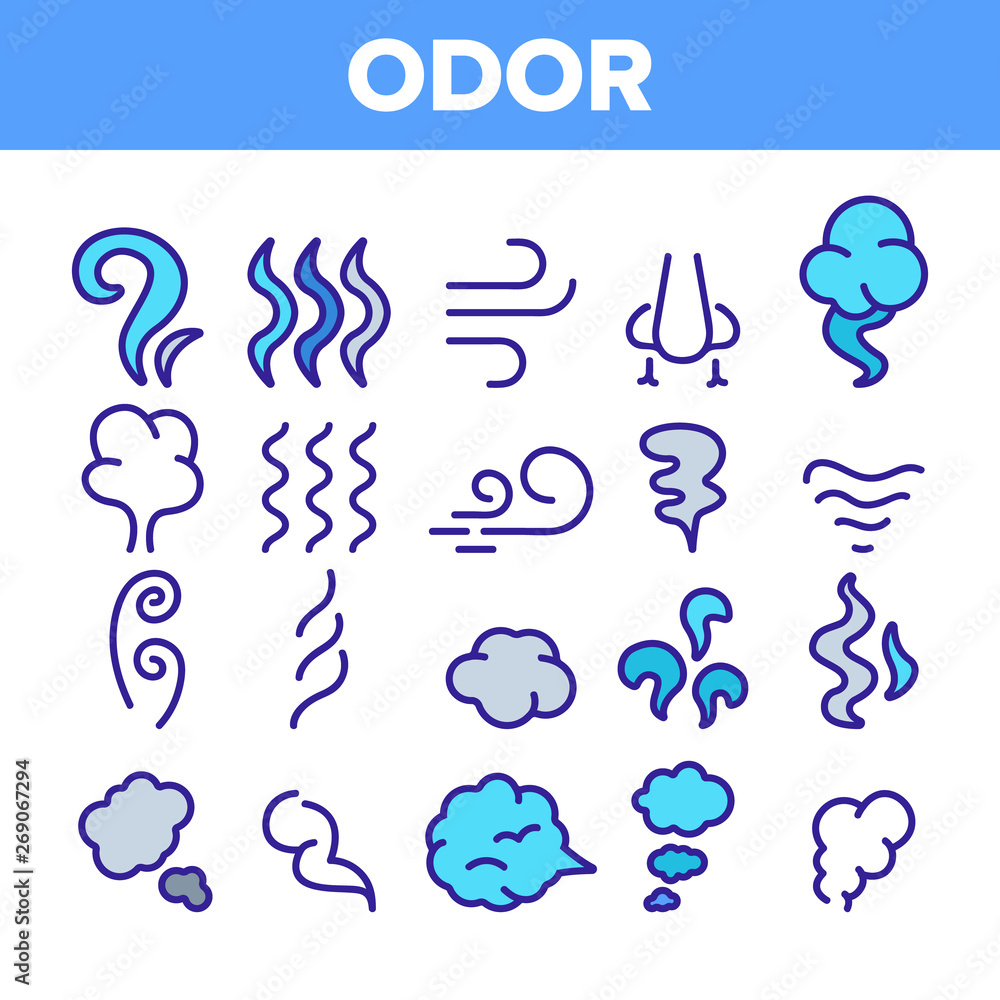 Odor, Smoke, Smell Vector Linear Icons Set. Odor, Hot Cooking Steam, Wind Outline Symbols Pack. Empty Speech Bubble, Cloud. Evaporation, Fog, Aromatic Fragrance Isolated Contour Illustrations