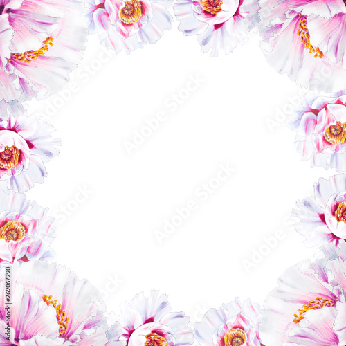 Beautiful white peony frame. Bouquet of flowers. Floral print. Marker drawing. Watercolor painting. Wedding and birthday composition. Greeting card. Flower painted background. Hand drawn illustration.