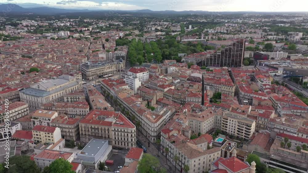 Montpellier aerial drone shot morning city center Triangle in background Montpellier aerial drone shot morning city center Triangle in background