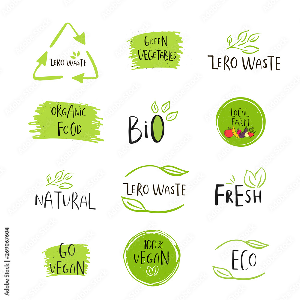Hand drawn Zero waste logo or sign. Eco badge, tag for shopping, no plastic market, products packaging Hand drawn Zero waste logo or sign. Eco badge, tag for shopping, no plastic market, products packaging