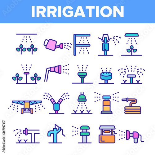 Sprinklers, Irrigation Technology Vector Linear Icons Set. Water Sprinklers Outline Symbols Pack. Garden, Field Watering Modern System. Lawn Automatic Sprayer Isolated Contour Illustrations