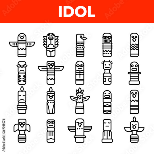 Tribal Ancient Idols Vector Linear Icons Set. Religious Idols. Ethnic Ceremonial Outline Symbols Pack. African Culture, Indian Animal Totems. Native Poles Isolated Contour Illustrations
