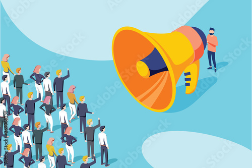 Isometric vector of a businessman or politician with megaphone making an announcement to a crowd of people.