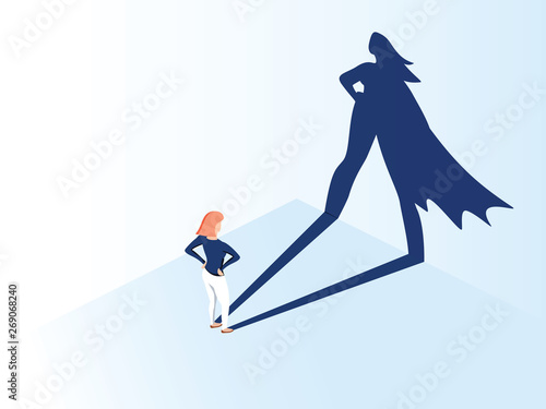 Business woman with big shadow superhero. Super manager leader in business. Concept of success, quality of leadership.