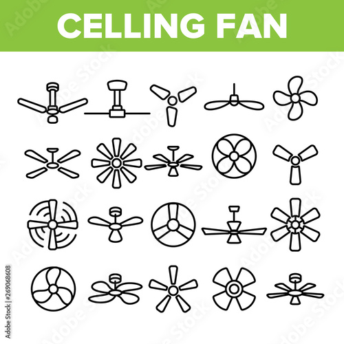 Ceiling Fans, Propellers Vector Linear Icons Set. Electric Indoor Fans Outline Symbols Pack. Air Conditioning, Cooling, Climate Control Technology. Household Appliance Isolated Contour Illustrations