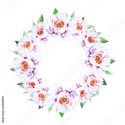 Beautiful white peony wreath. Bouquet of flowers. Floral print. Marker drawing. Watercolor painting. Wedding and birthday composition. Greeting card. Flower painted background. Hand drawn illustration