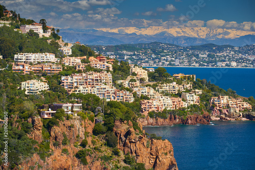 Beautiful view of French Riviera shore in April. Nice is on the background and Alps mountains