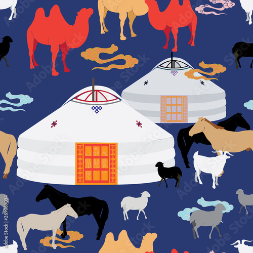 Cattle grazing in a meadow surrounding mongolian traditional ger. Horses, camels, goats and sheep on pasture. Seamless vector illustration