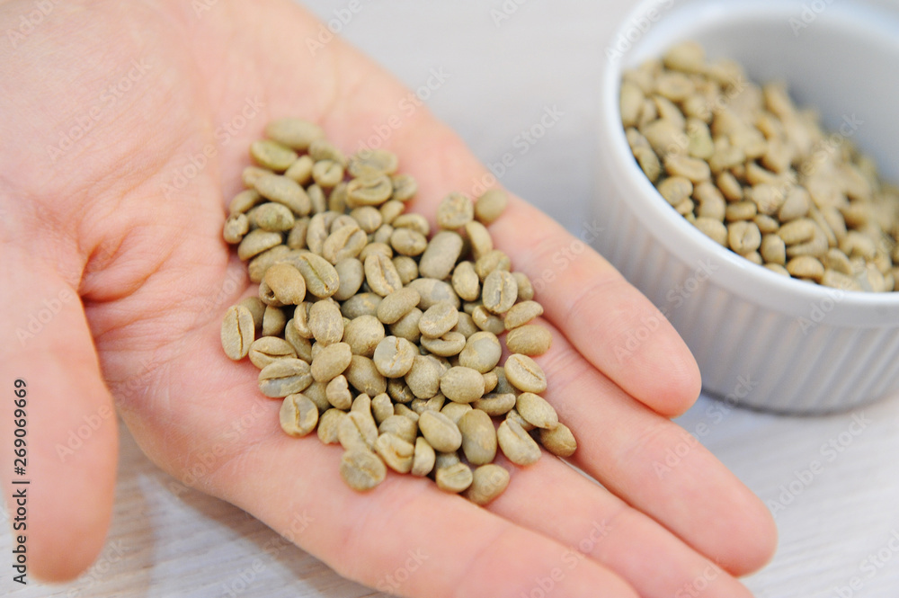 Green coffee beans on the palm closeup. Light wooden background Green coffee beans on the palm closeup. Light wooden background