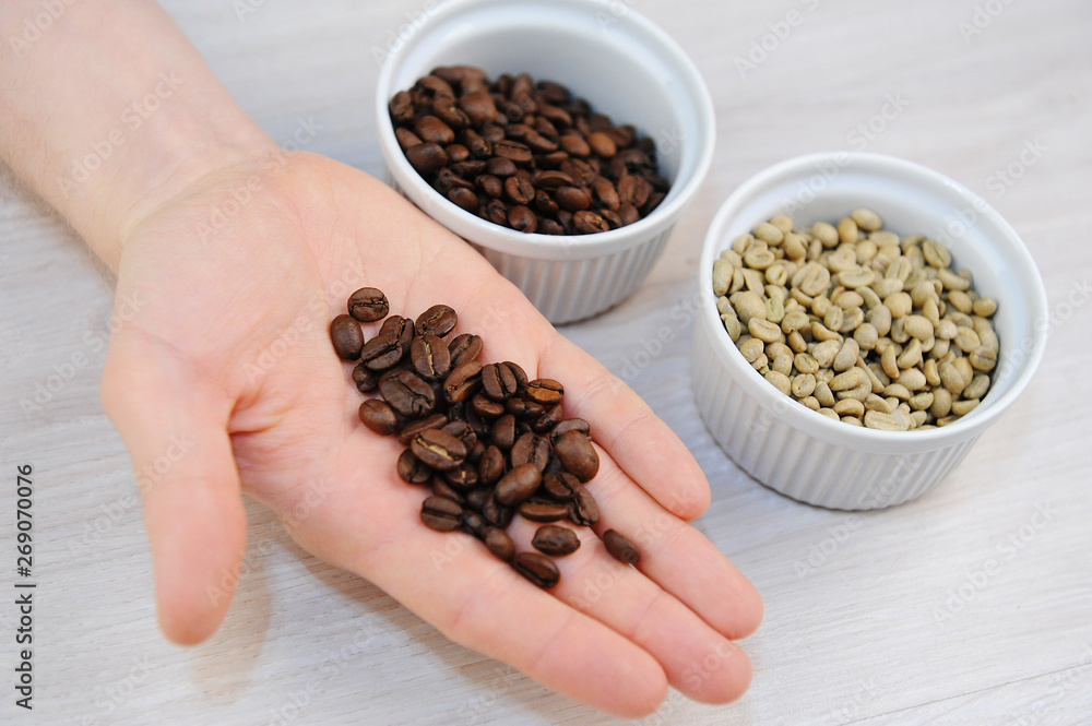 Roasted and green unroasted coffee in bowls. Freshly roasted coffee beans on the palm closeup Roasted and green unroasted coffee in bowls. Freshly roasted coffee beans on the palm closeup