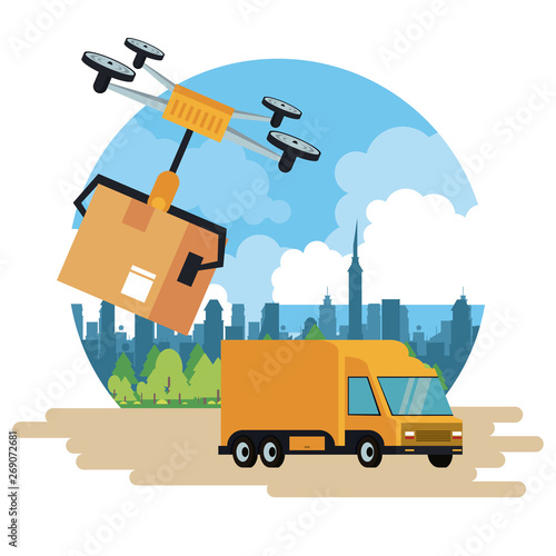Delivery drone and vehicle at city