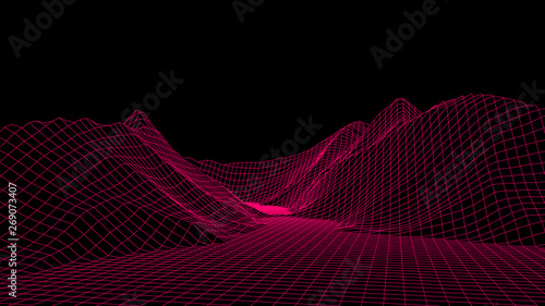 Vector wireframe 3d landscape. Technology grid illustration.