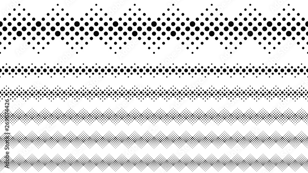 Black and white repeating circle pattern separator line set - abstract vector design elements from dots Black and white repeating circle pattern separator line set - abstract vector design elements from dots