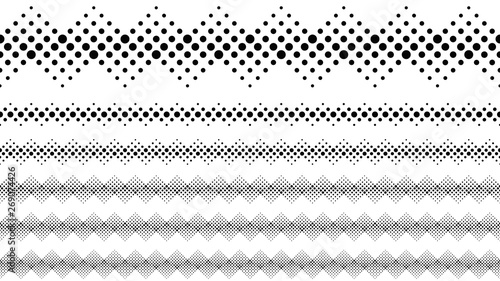 Black and white repeating circle pattern separator line set - abstract vector design elements from dots