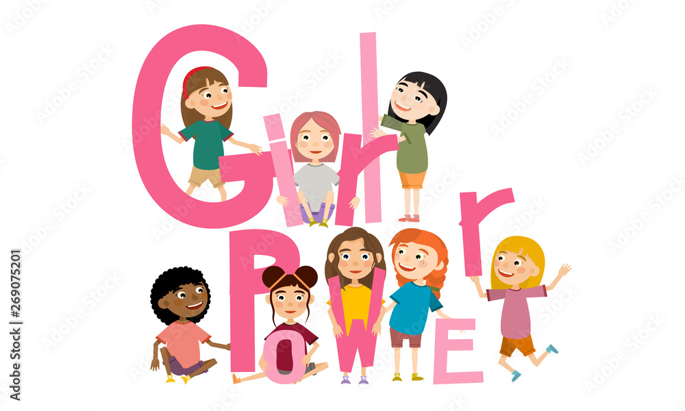 Girls of different races in different poses hold pink letters that are folded into the words Girl Power. Feminism and women's rights. Vector illustration