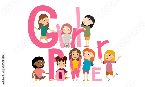 Girls of different races in different poses hold pink letters that are folded into the words Girl Power. Feminism and women s rights. Vector illustration