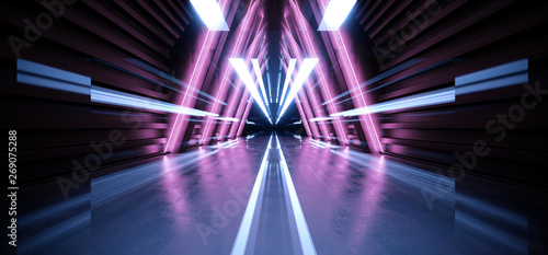 Future Triangle Neon Glow Retro Purple Blue Modern Sci Fi Futuristic Laser Stage Alien Spaceship Dark Corridor Tunnel Empty Concrete Grunge Reflective Virtual Stage Showcase Hallway 3D Rendering