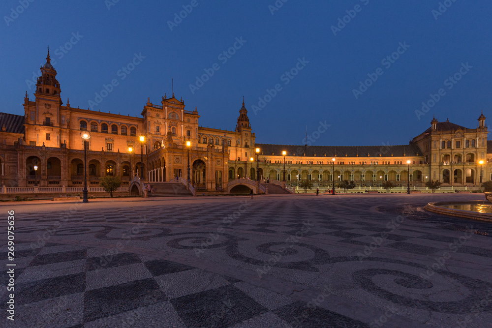 Night view of the Plaza de Espana in Seville, Andalusia in Spain