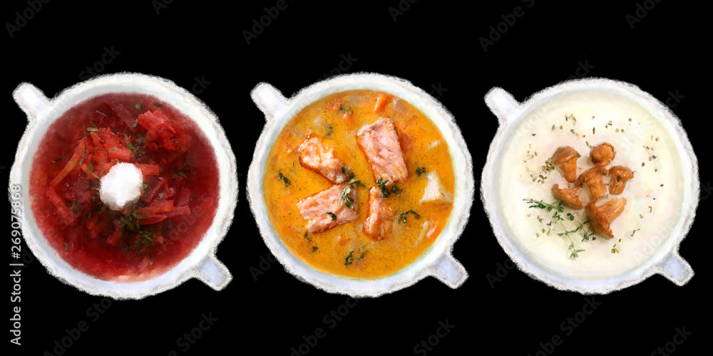 Set of soups from worldwide cuisines, healthy food. Cream soup with mushrooms, asian fish soup, soup with meat Set of soups from worldwide cuisines, healthy food. Cream soup with mushrooms, asian fish soup, soup with meat
