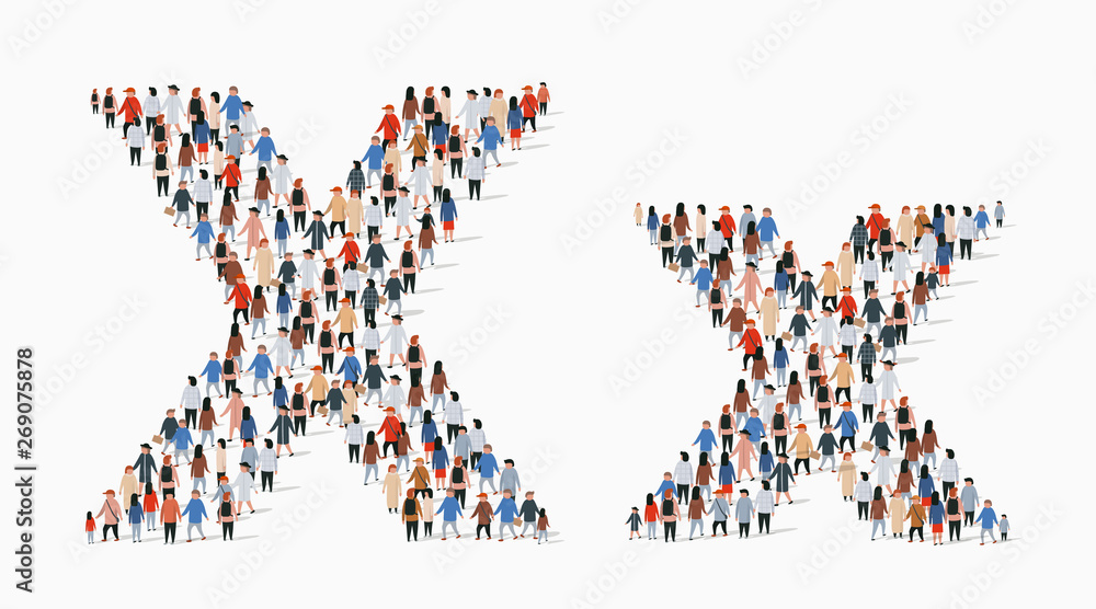 Large group of people in letter X form Large group of people in letter X form