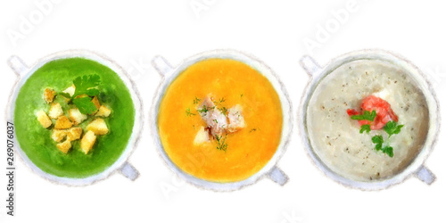 assortment of fresh vegetable soup on a white background