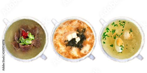 Set of soups on a white background