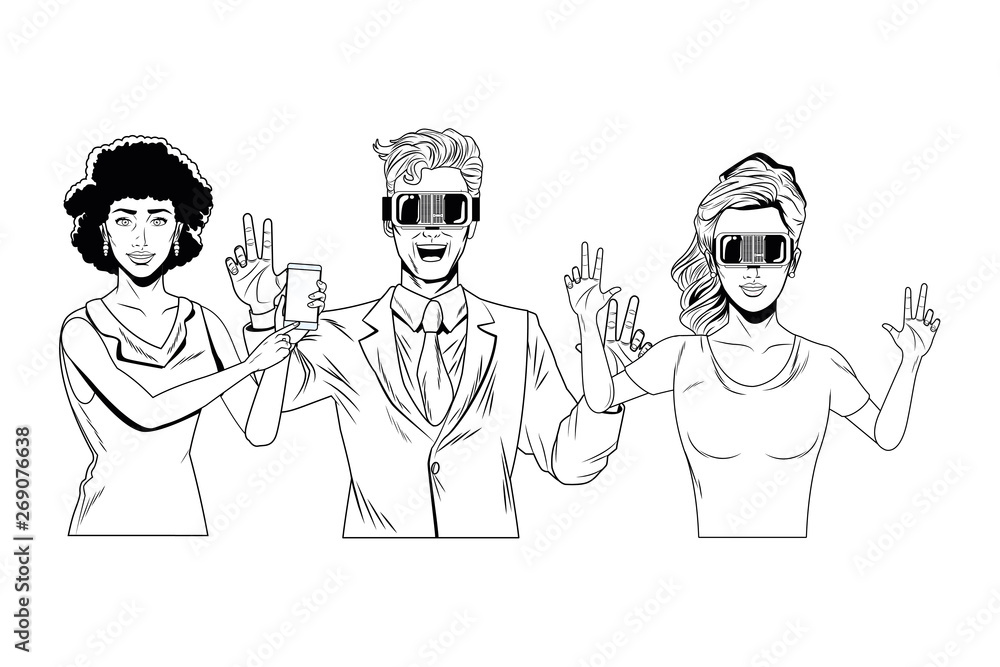 group of people with virtual reality headset black and white group of people with virtual reality headset black and white