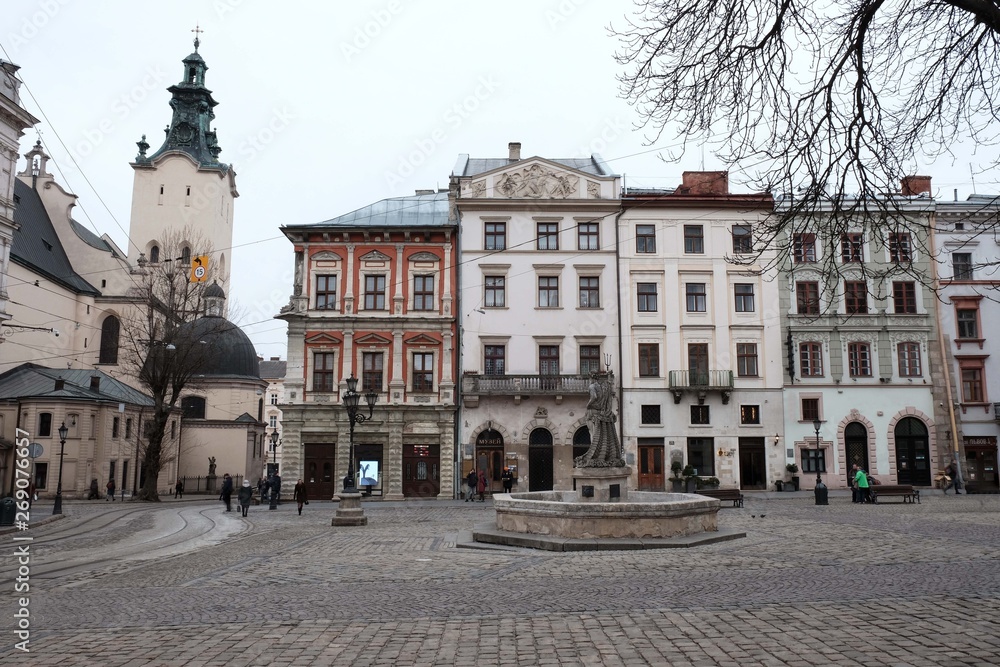 Naklejka premium Central square of the city. Old Town Lviv Ukraine 15.03.2019