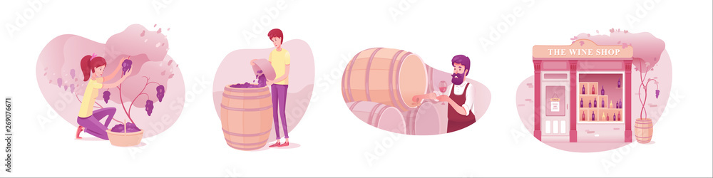 Wine production flat vector illustrations set isolated on white background