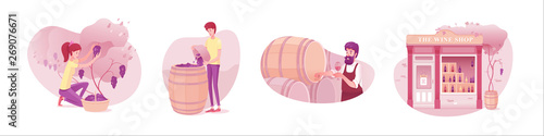 Wine production flat vector illustrations set isolated on white background